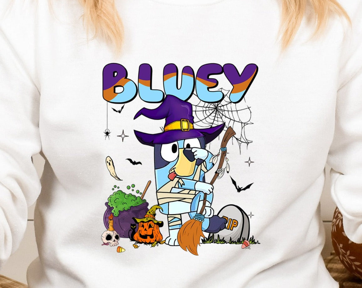 Halloween Blue Dog Witch Costume, Halloween DTF Transfer