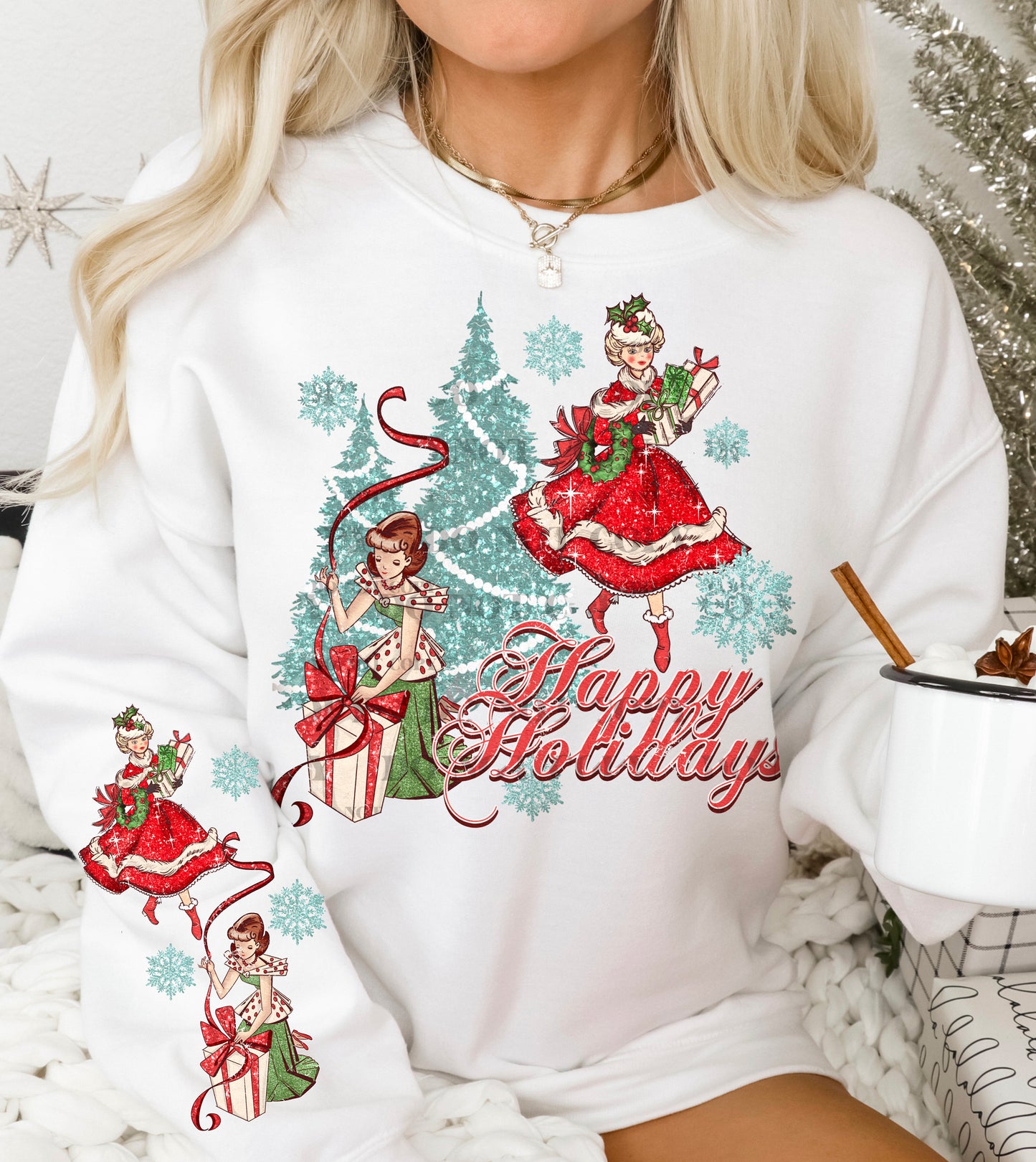 Happy Holidays Vintage Ladies Sleeve option DTF Transfer