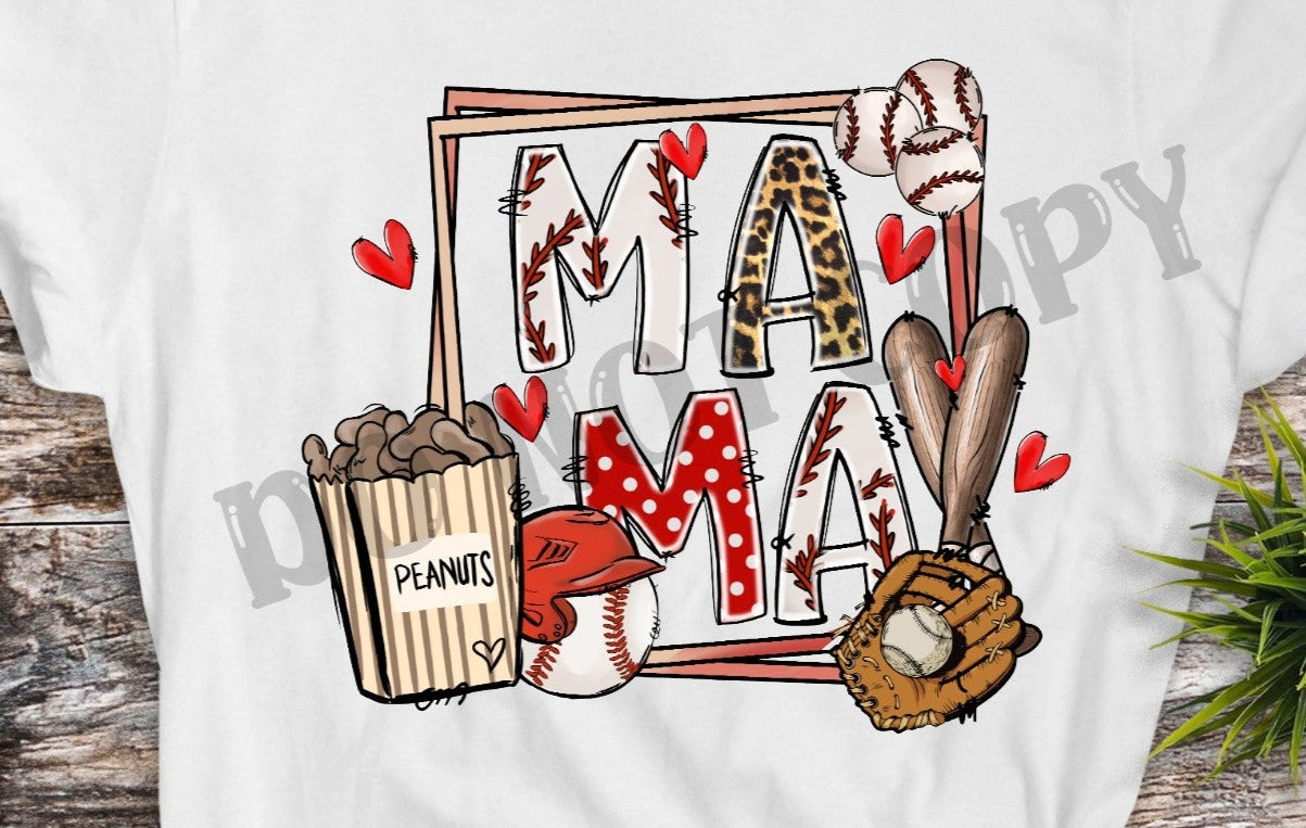 Baseball Mama Square Frame, Baseball Bat, Baseball Peanuts, Baseball Helmet, Baseball Season, Leopard Print, DTF Transfer