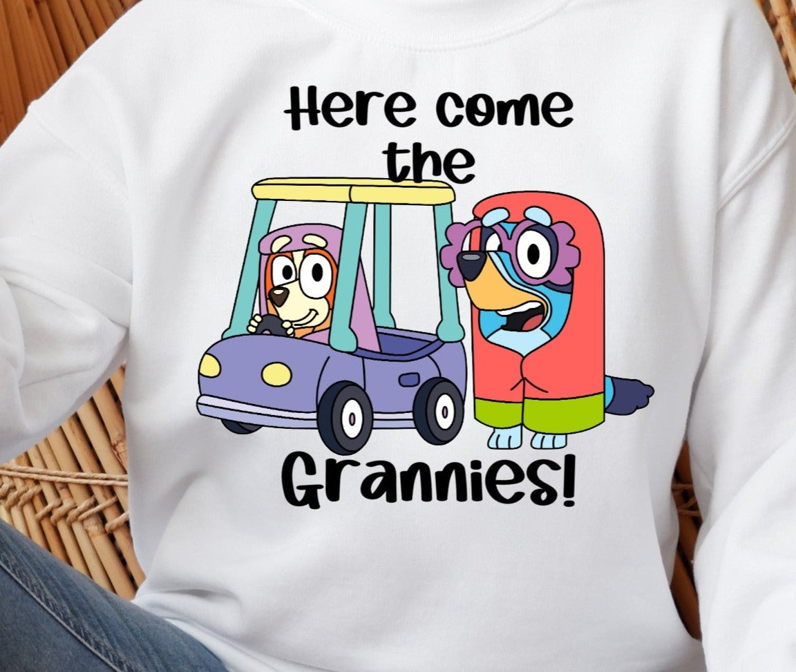 Here Come The Grannies Bluey in the Car Design DTF Transfer
