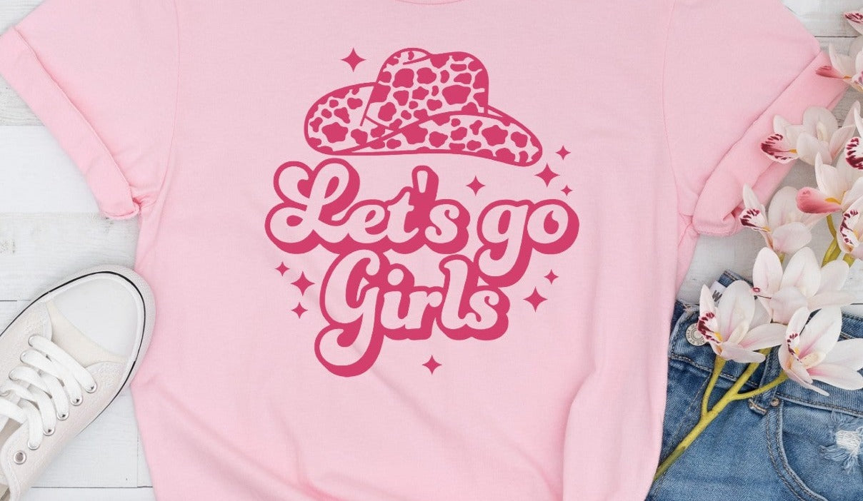 Let's Go Girls, Pink Cowboy Hat, Leopard Print, Bridesmaid, Bridal Shower, Bachelorette Party, Wedding DTF Transfer