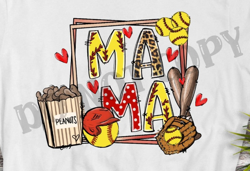 Mama Softball Square Frame, Softball Mitt, Polka Dot, Peanuts,Softball Bats, Softball Helmet, Leopard ,Softball Mama, Softball, Softball Mom DTF Transfer