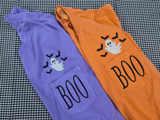 Embroidered Bats and Ghost Boo Pocket Short Sleeve T-Shirt