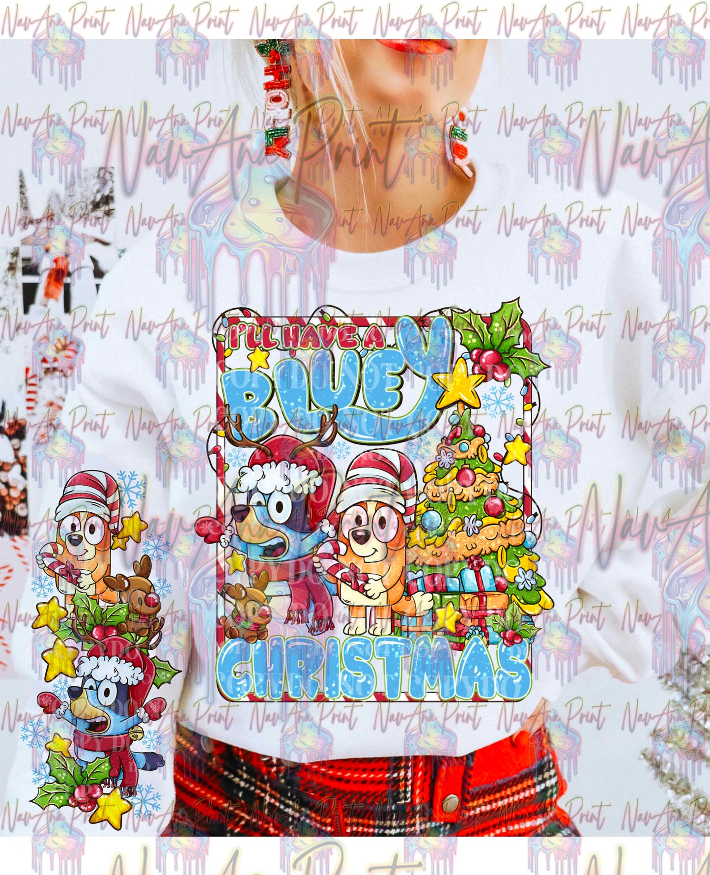Blue Dog and Friends Christmas Theme w/Sleeve option DTF Transfer