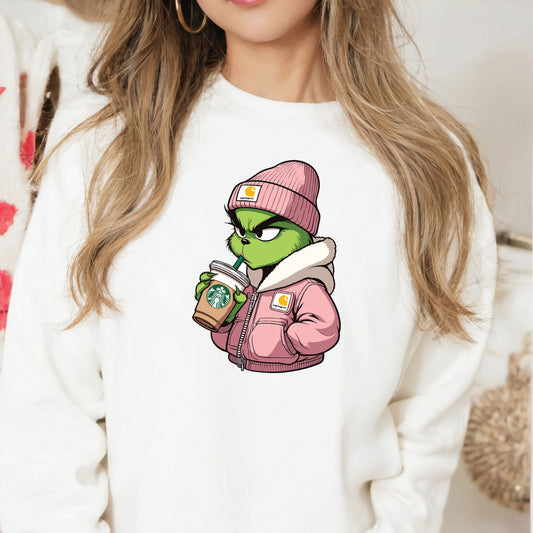 Boujee Green Girl with Drink in Pink Jacket DTF Transfer
