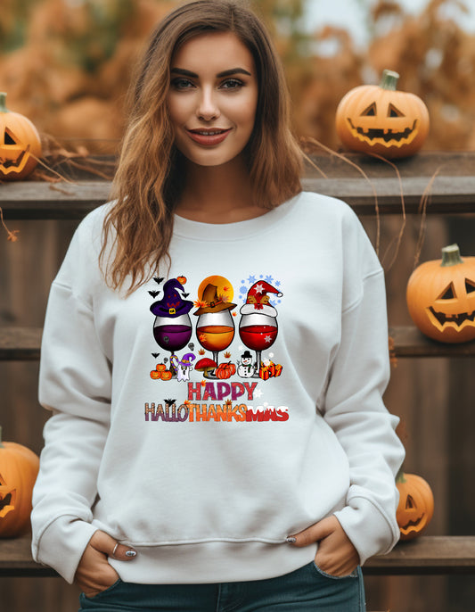 HappyHalloThankMas Wine Glasses, Halloween, Thanksgiving, Christmas DTF Transfer