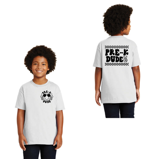 Pre-K Dude, Happy Face, Checkered, Back to School, Black Font or White Font DTF Transfer