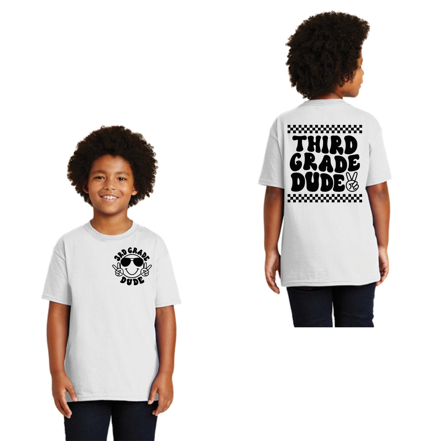 Third Grade Dude, Happy Face, Checkered, Back to School, Black Font or White Font DTF Transfer