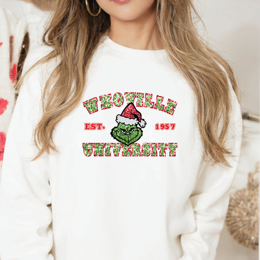 Faux Glitter Green Guy University DTF Transfer