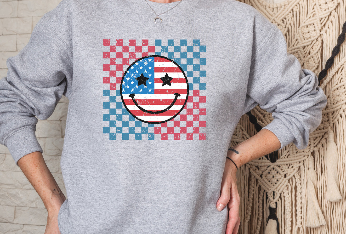 Retro Happy Face American Checkered DTF Transfer