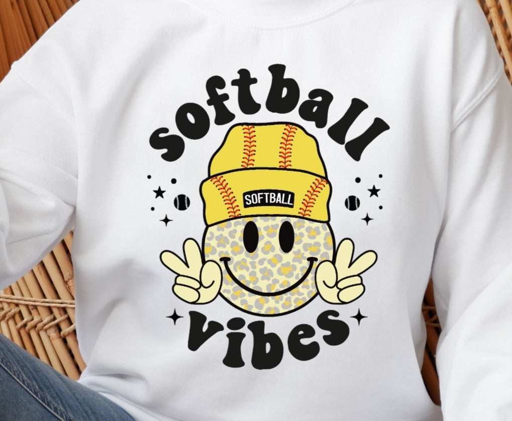 Softball Vibes, Happy Face, Peace Sign, Softball DTF Design