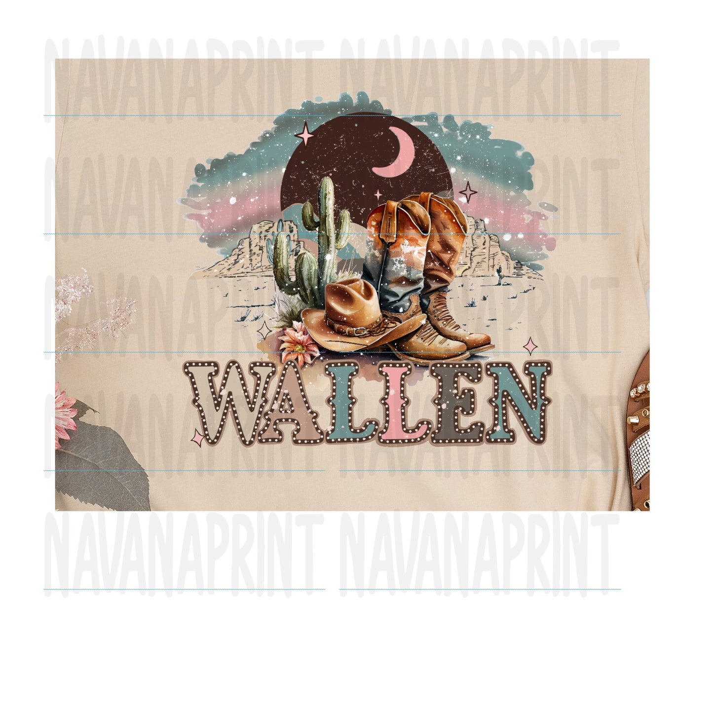 Country Singer, Western Boots, Western Hats, Cactus, Moonlight DTF Transfer